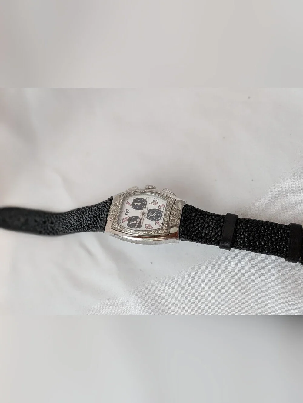 TechnoMarine Women Quartz Chronograph White Dial SS Case Black Leather 10 ATM